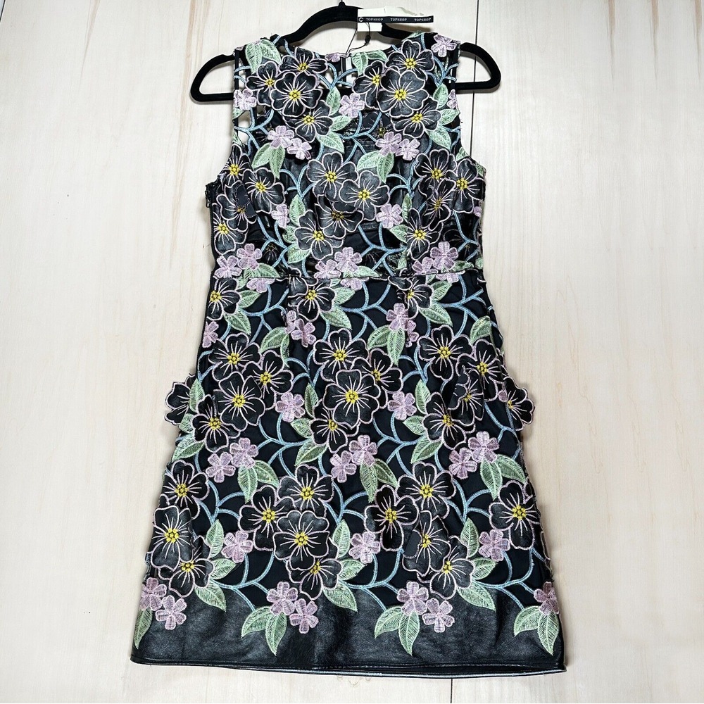 Topshop Black Multi PU Leather‎ Lace Floral Appliqué Shift Dress 6 Embroidered - Picture 7 of 13